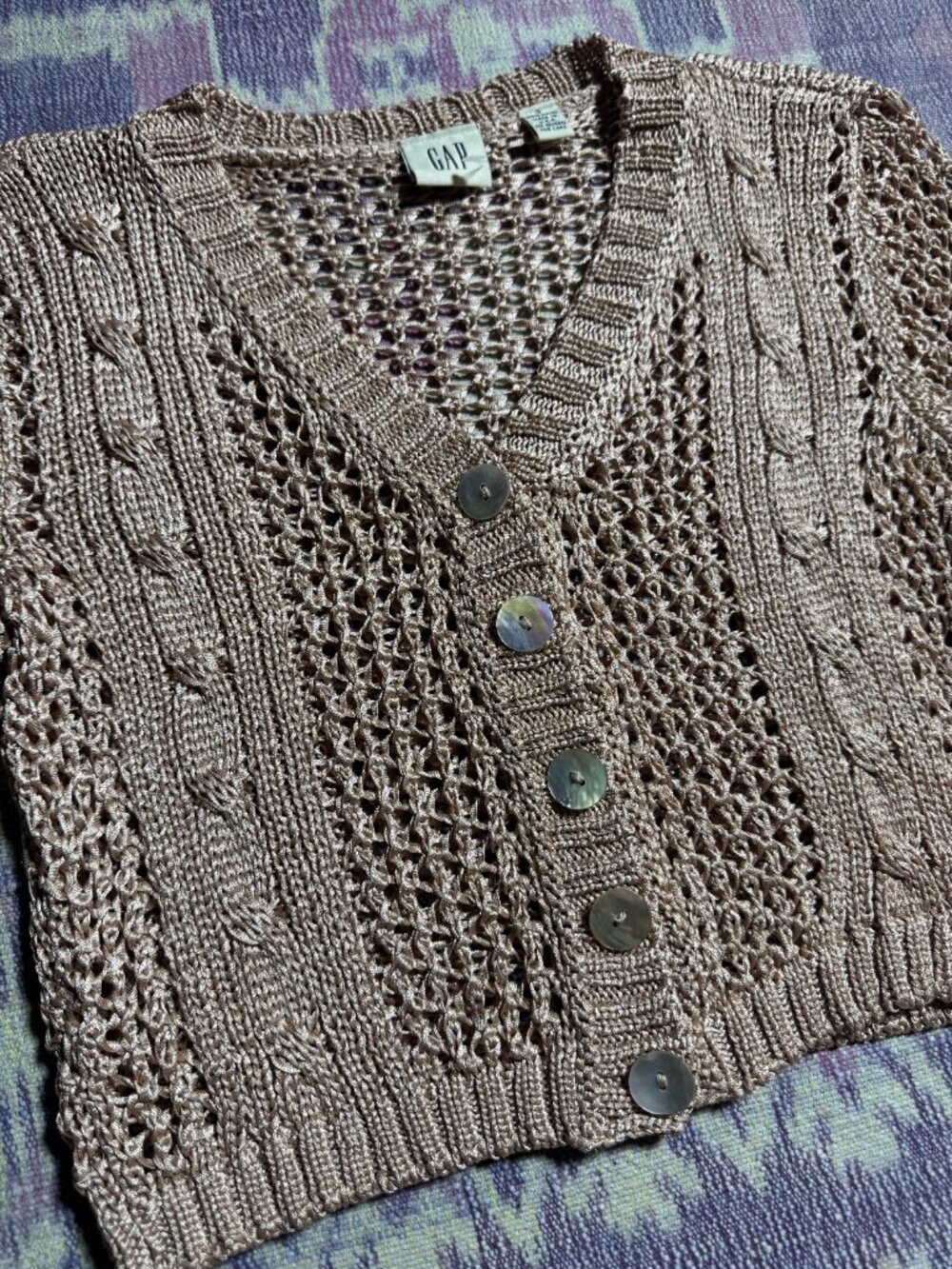 Vintage GAP Women Crochet Open Knit Short Sleeve Crop Cardigan Metallic Beige S - Picture 5 of 12
